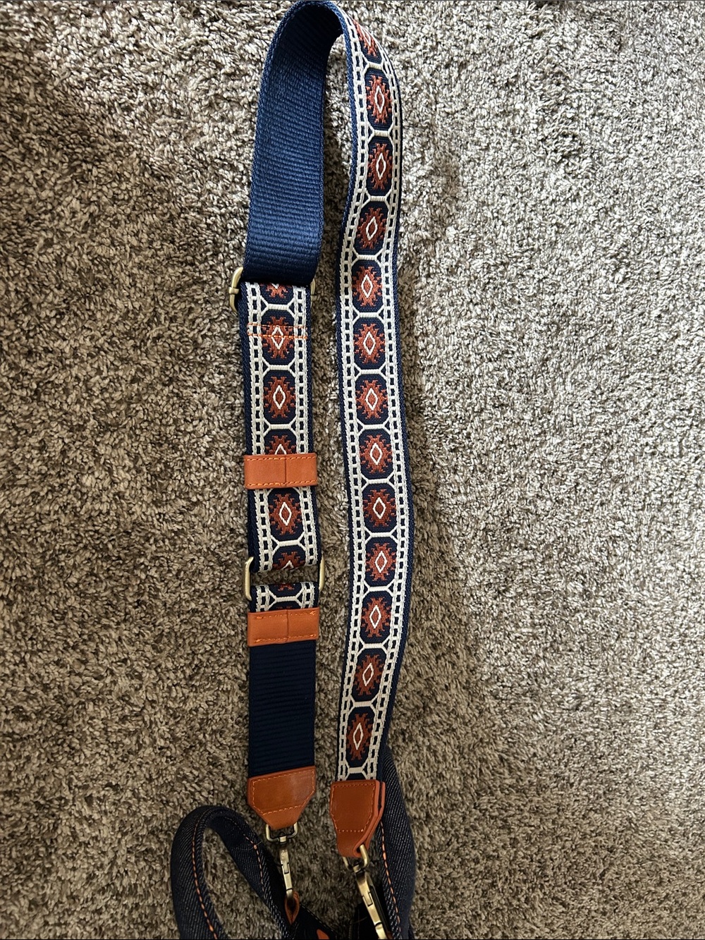 HOBO Denim Top-Handle Bag with Patterned Navy & Rust Strap - Picture 5 of 6